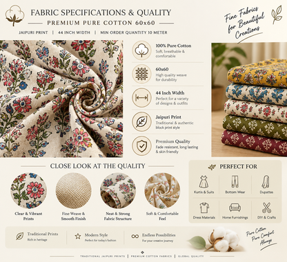 # Premium Pure Cotton 60x60 Jaipuri High Quality Printed Fabric | 44 Inch Width | MIN ORDER QUANTITY 10 METER